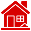 Red house icon with a chimney, door, and window.